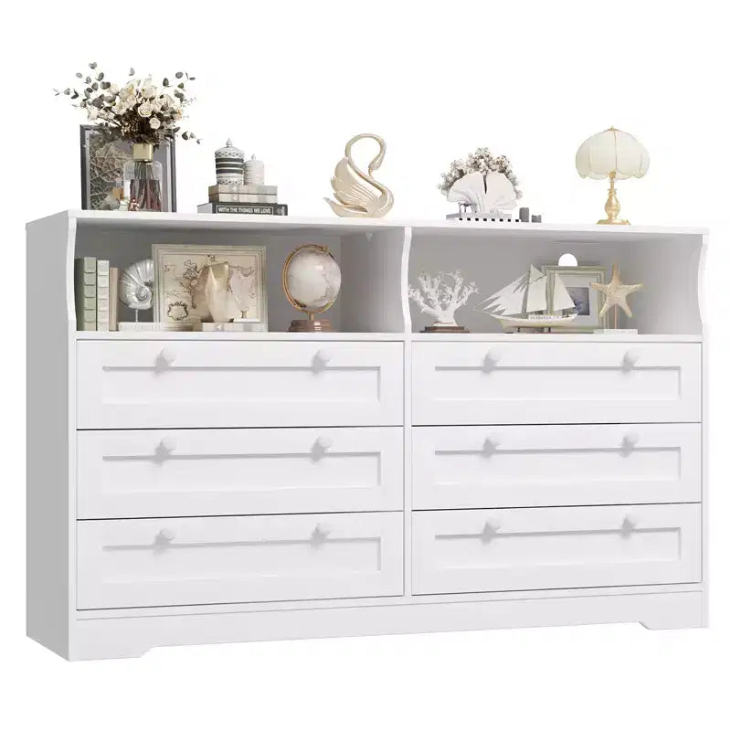 Commode de chambre à coucher en bois de 140 cm avec 6 tiroirs, éclairage LED et grand espace de rangement, organiseur de commode large pour placard et salon