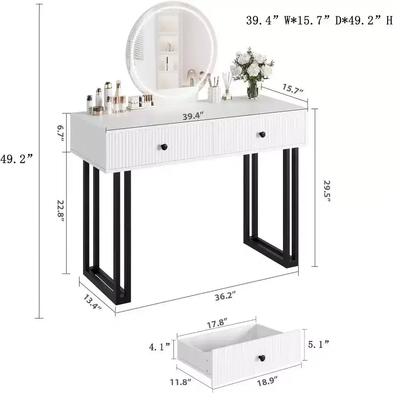 Petite coiffeuse avec miroir, 2 tiroirs et LED 3 couleurs pour chambre à coucher