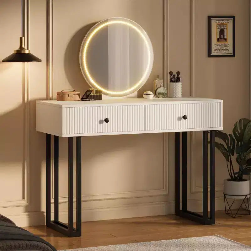 Petite coiffeuse avec miroir, 2 tiroirs et LED 3 couleurs pour chambre à coucher