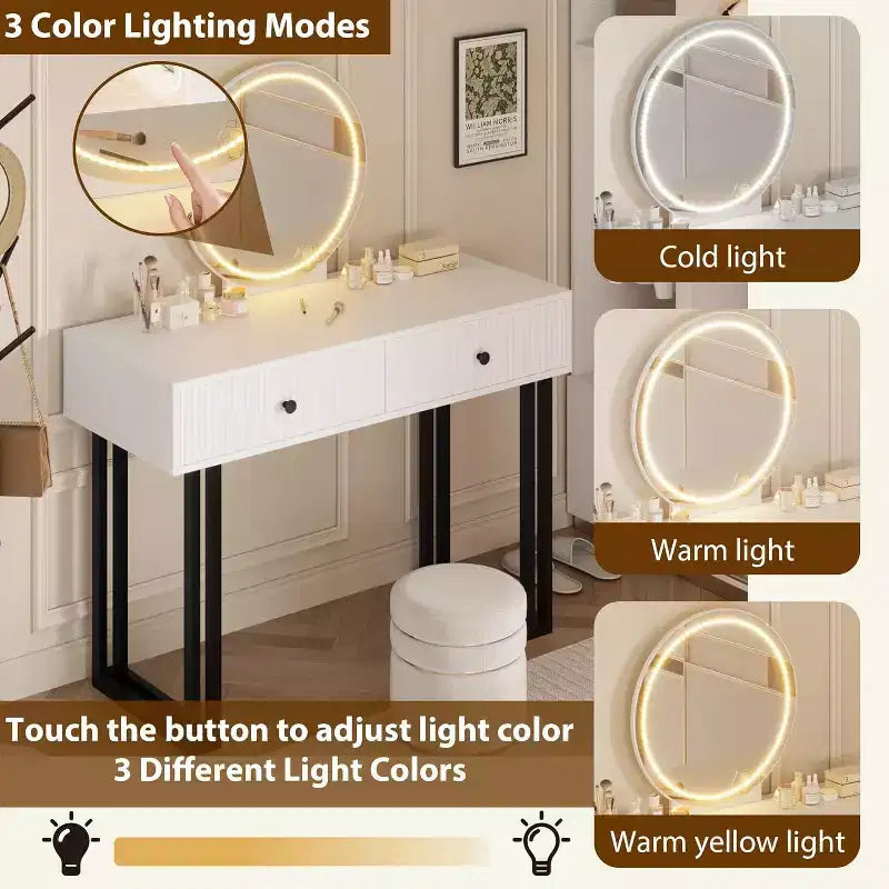 Petite coiffeuse avec miroir, 2 tiroirs et LED 3 couleurs pour chambre à coucher
