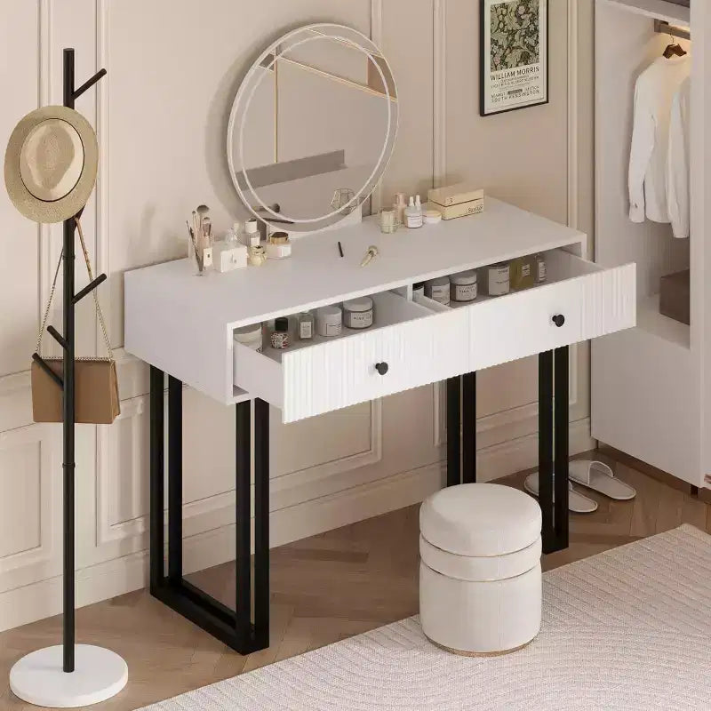 Petite coiffeuse avec miroir, 2 tiroirs et LED 3 couleurs pour chambre à coucher