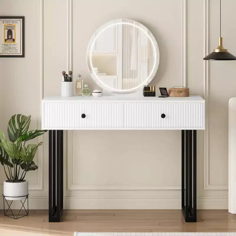 Petite coiffeuse avec miroir, 2 tiroirs et LED 3 couleurs pour chambre à coucher