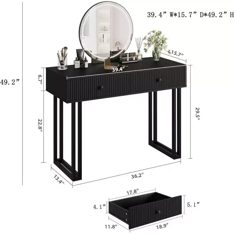 Petite coiffeuse avec miroir, 2 tiroirs et LED 3 couleurs pour chambre à coucher