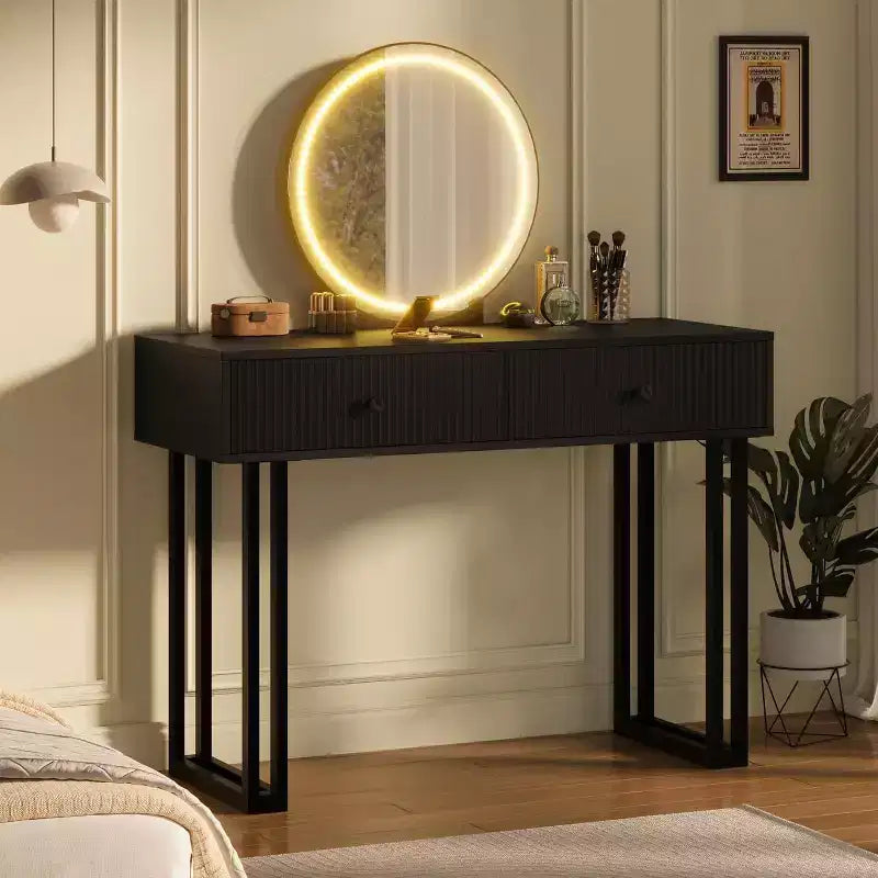 Small Makeup Vanity Desk with Mirror, 2 Drawers & 3-Color LED for Bedroom