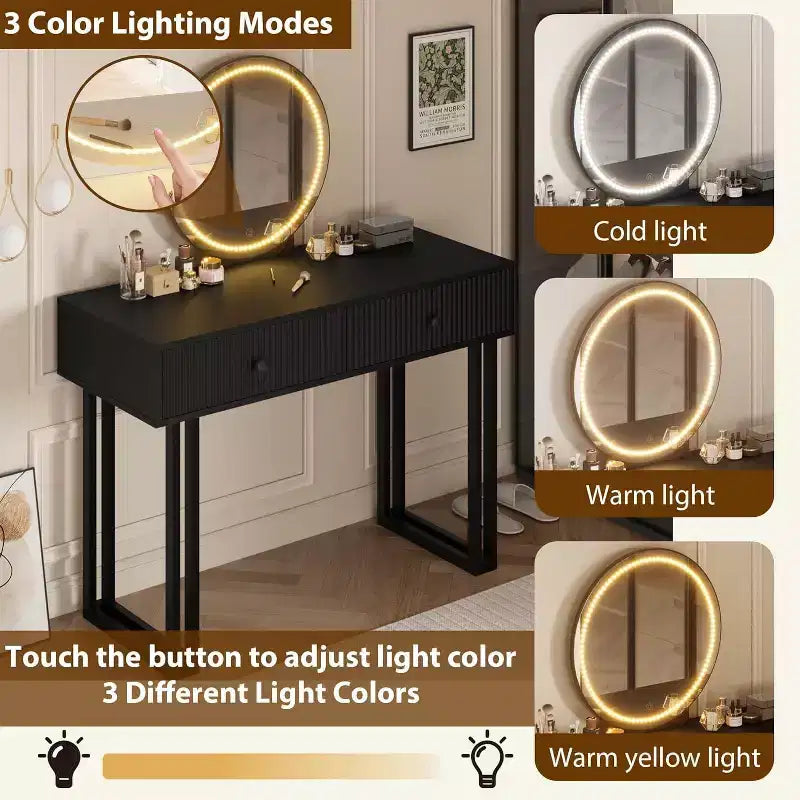 Small Makeup Vanity Desk with Mirror, 2 Drawers & 3-Color LED for Bedroom