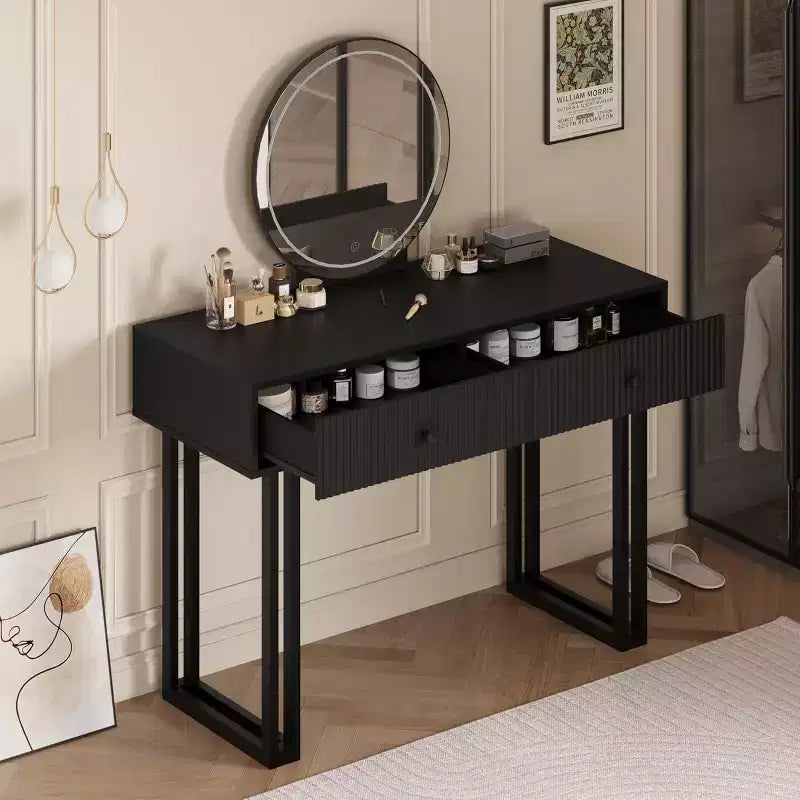 Small Makeup Vanity Desk with Mirror, 2 Drawers & 3-Color LED for Bedroom