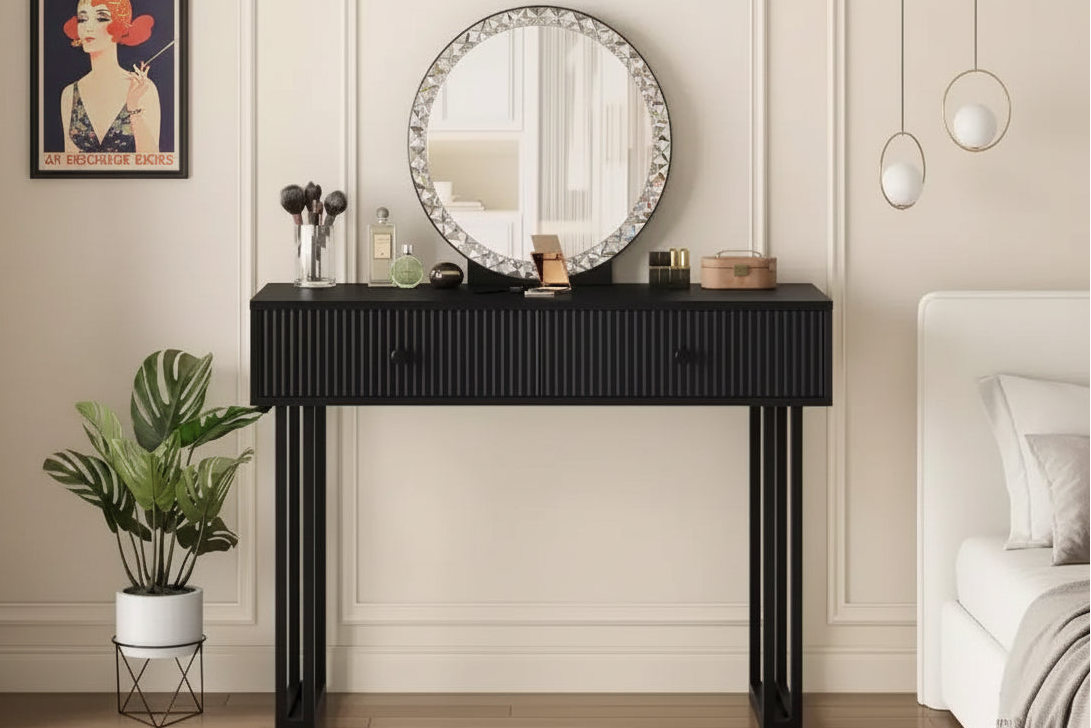 Small Makeup Vanity Desk with Mirror, 2 Drawers & 3-Color LED for Bedroom