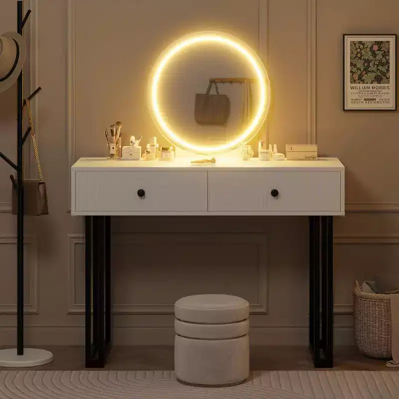 Small Makeup Vanity Desk with Mirror, 2 Drawers & 3-Color LED for Bedroom