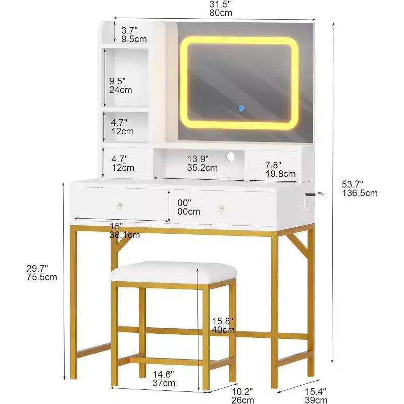Coiffeuse avec miroir, lumières LED 3 couleurs, station de charge et 4 tiroirs, blanc et or