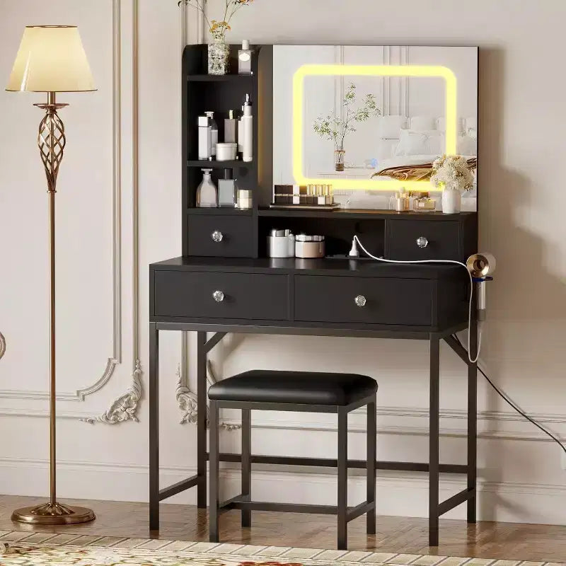 Coiffeuse avec miroir, lumières LED 3 couleurs, station de charge et 4 tiroirs, blanc et or