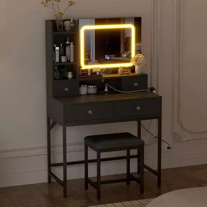 Coiffeuse avec miroir, lumières LED 3 couleurs, station de charge et 4 tiroirs, blanc et or