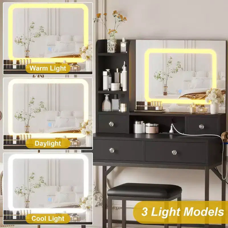 Coiffeuse avec miroir, lumières LED 3 couleurs, station de charge et 4 tiroirs, blanc et or