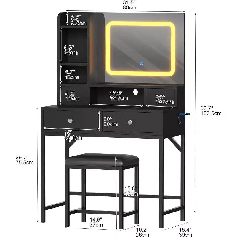 Coiffeuse avec miroir, lumières LED 3 couleurs, station de charge et 4 tiroirs, blanc et or