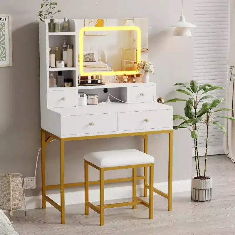 Coiffeuse avec miroir, lumières LED 3 couleurs, station de charge et 4 tiroirs, blanc et or