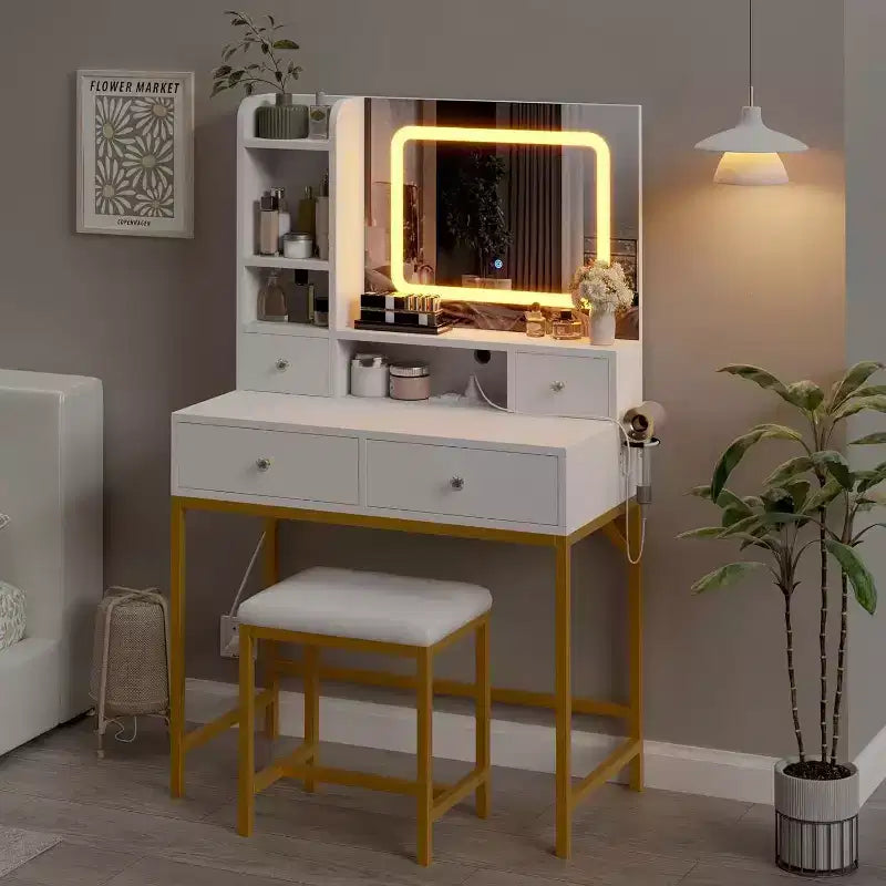Coiffeuse avec miroir, lumières LED 3 couleurs, station de charge et 4 tiroirs, blanc et or