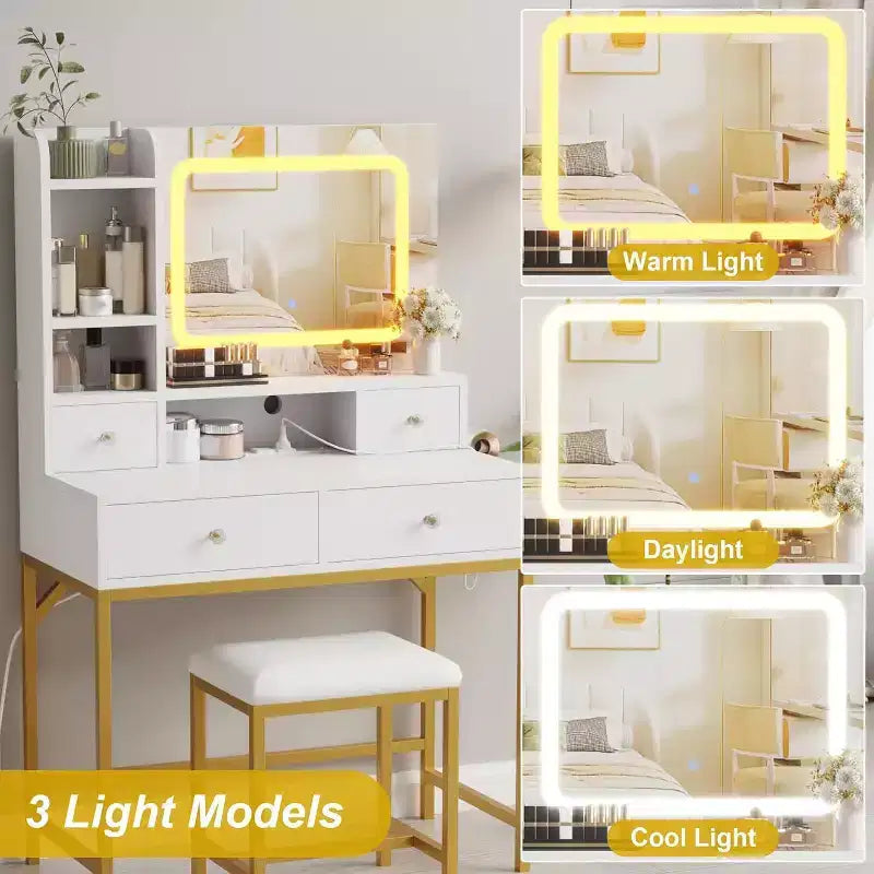 Coiffeuse avec miroir, lumières LED 3 couleurs, station de charge et 4 tiroirs, blanc et or