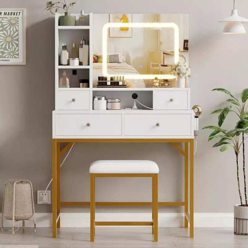 Coiffeuse avec miroir, lumières LED 3 couleurs, station de charge et 4 tiroirs, blanc et or