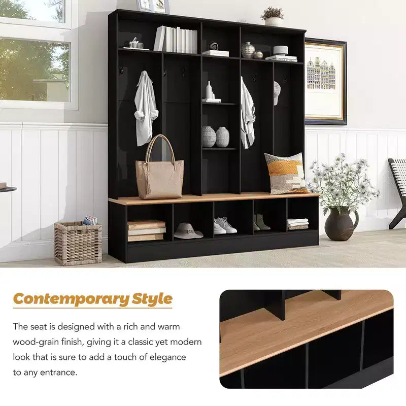 Porte-manteau noir avec banc de rangement, meuble à chaussures, rangement cubique et 8 patères