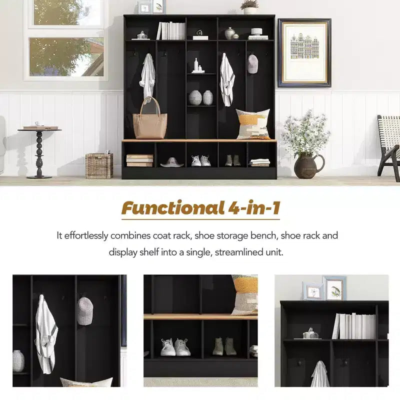 Porte-manteau noir avec banc de rangement, meuble à chaussures, rangement cubique et 8 patères