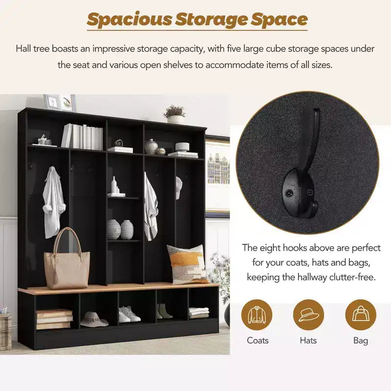 Porte-manteau noir avec banc de rangement, meuble à chaussures, rangement cubique et 8 patères
