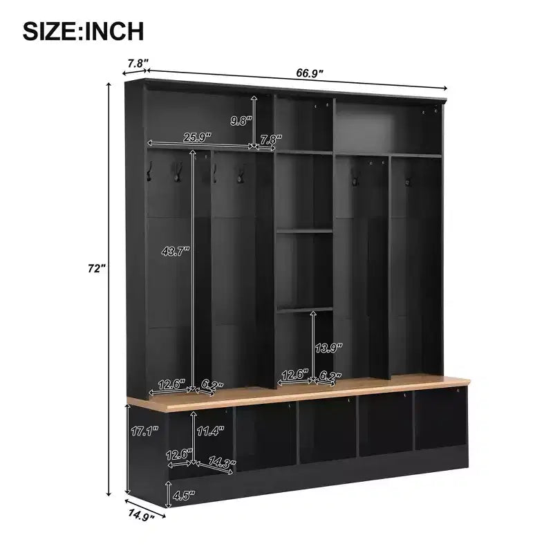 Porte-manteau noir avec banc de rangement, meuble à chaussures, rangement cubique et 8 patères