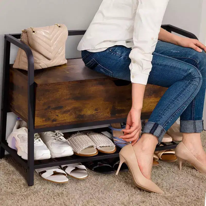 Banc d'entrée, banc à chaussures rétro en bois de 33 po avec boîte de rangement, porte-chaussures pour entrée, chambre, couloir, supporte 240 lb