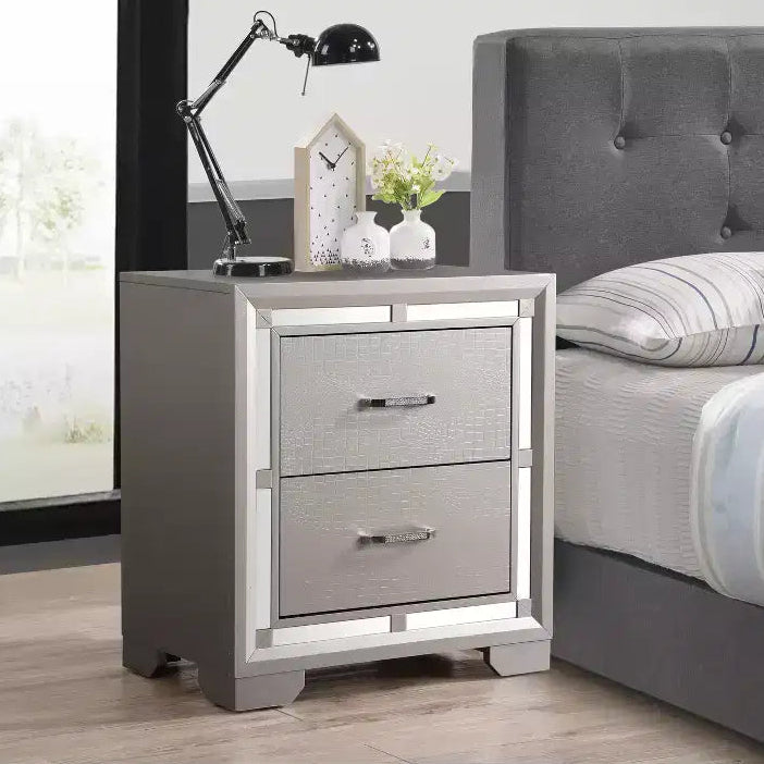 HomeStock 28 in.H x 25 in W Square Silver Finish 2 Drawers Metal Nighstand For Living Room and Bedroom