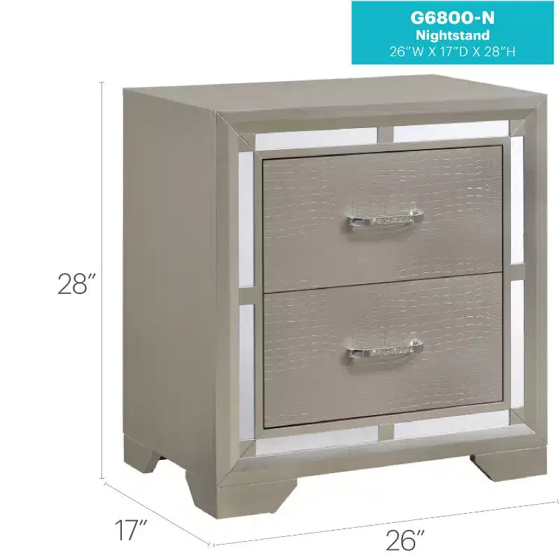 Table de chevet carrée en métal argenté à 2 tiroirs de 71 cm de haut x 63,5 cm de large pour chambre et salon