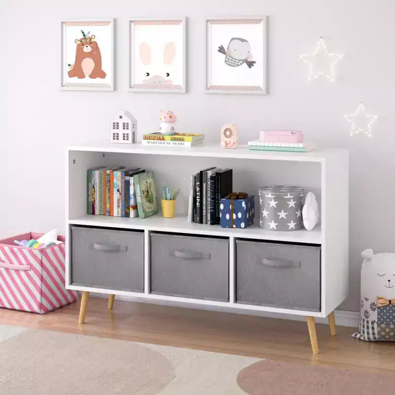 Étagère à livres pour enfants avec tiroirs en tissu pliables, présentoir à livres pour enfants, meuble de rangement pour jouets, blanc/gris