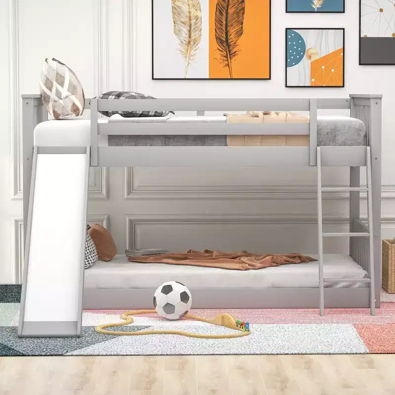 Lits superposés pour enfants, lit superposé jumeau sur jumeau avec toboggan convertible, cadre de lit superposé bas en bois pour tout-petits et adolescents