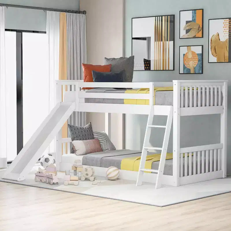 Lits superposés pour enfants, lit superposé jumeau sur jumeau avec toboggan convertible, cadre de lit superposé bas en bois pour tout-petits et adolescents
