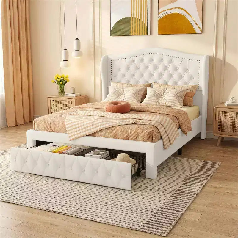Cadre de lit Queen size Velvet Wingback avec 2 tiroirs de rangement et tête de lit capitonnée en losanges