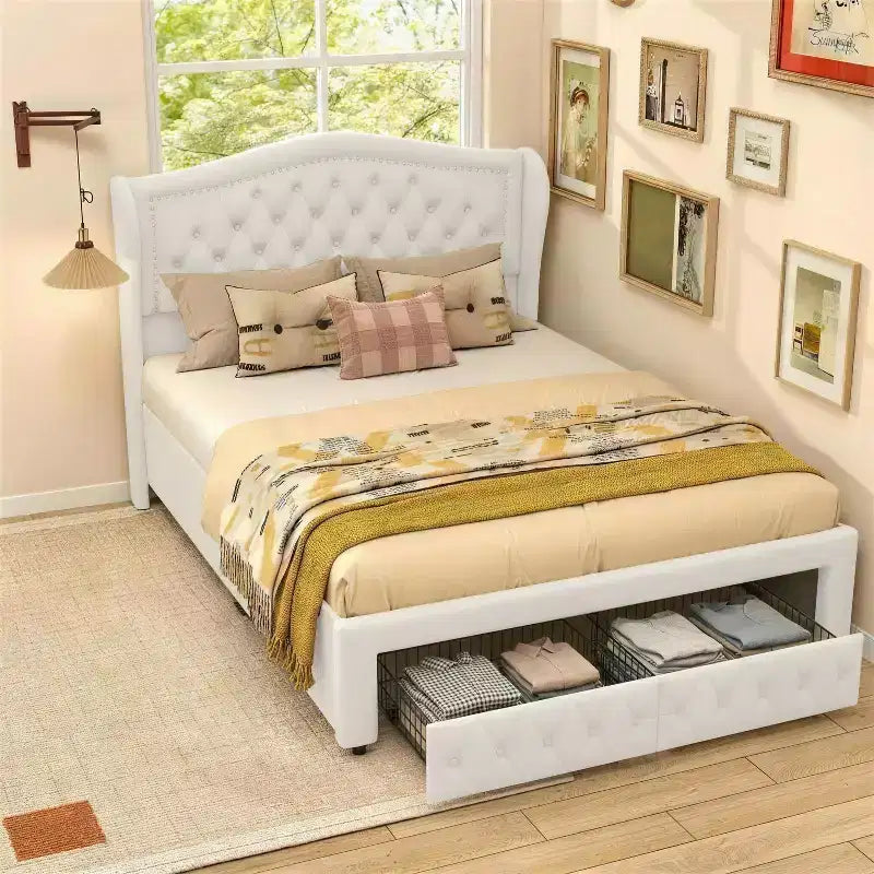 Cadre de lit Queen size Velvet Wingback avec 2 tiroirs de rangement et tête de lit capitonnée en losanges