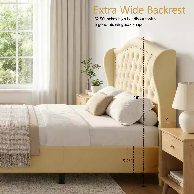 Cadre de lit Queen size Velvet Wingback avec 2 tiroirs de rangement et tête de lit capitonnée en losanges