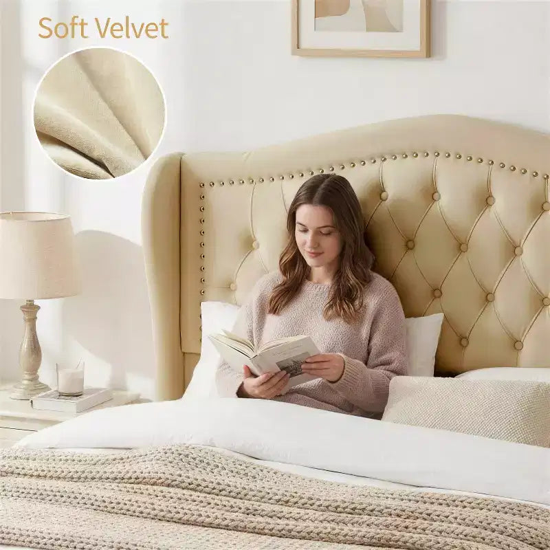 Cadre de lit Queen size Velvet Wingback avec 2 tiroirs de rangement et tête de lit capitonnée en losanges