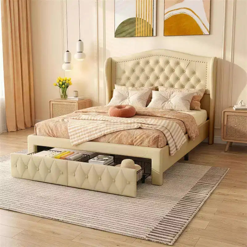 Cadre de lit Queen size Velvet Wingback avec 2 tiroirs de rangement et tête de lit capitonnée en losanges