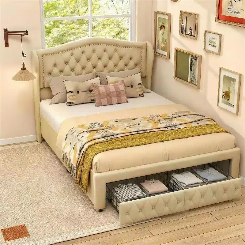 Cadre de lit Queen size Velvet Wingback avec 2 tiroirs de rangement et tête de lit capitonnée en losanges