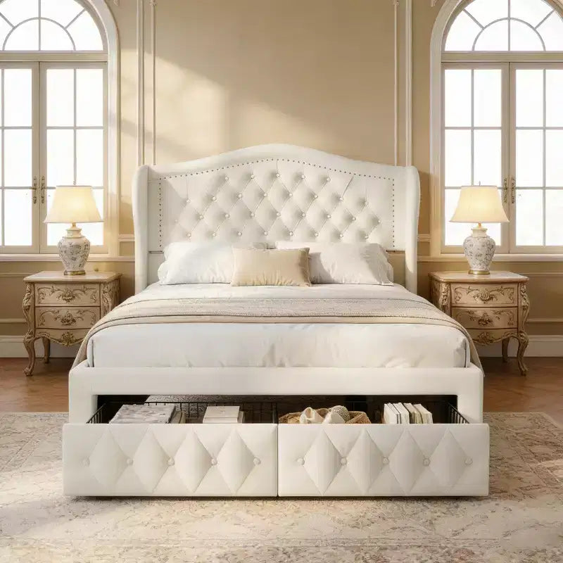 Cadre de lit Queen size Velvet Wingback avec 2 tiroirs de rangement et tête de lit capitonnée en losanges