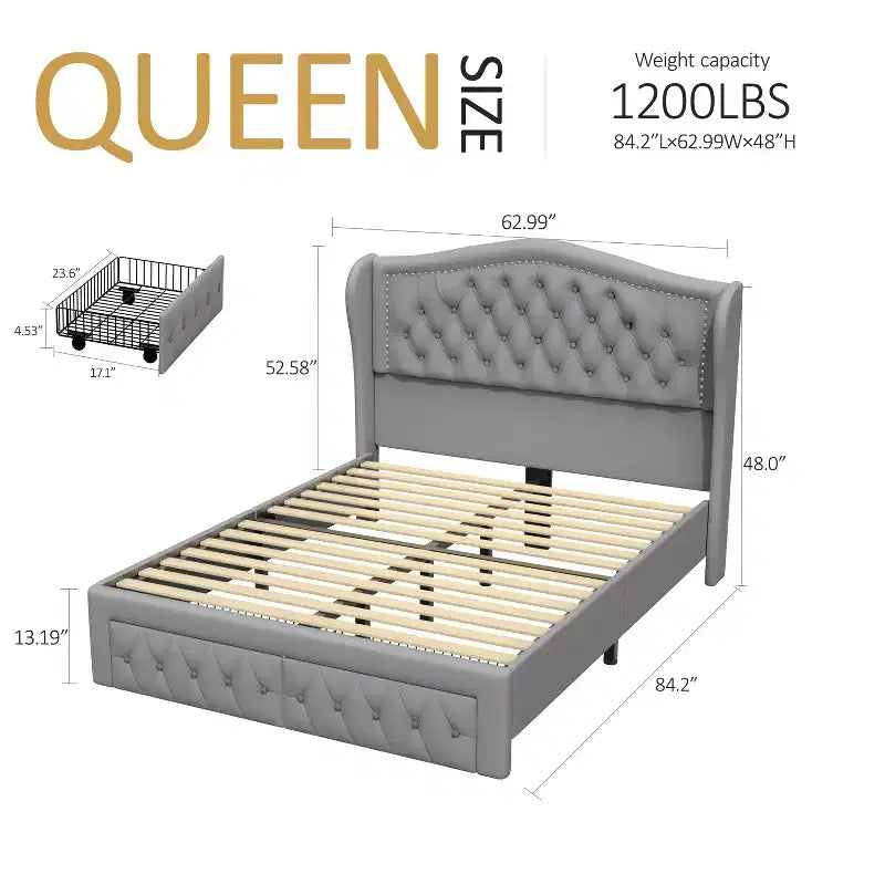 Cadre de lit Queen size Velvet Wingback avec 2 tiroirs de rangement et tête de lit capitonnée en losanges