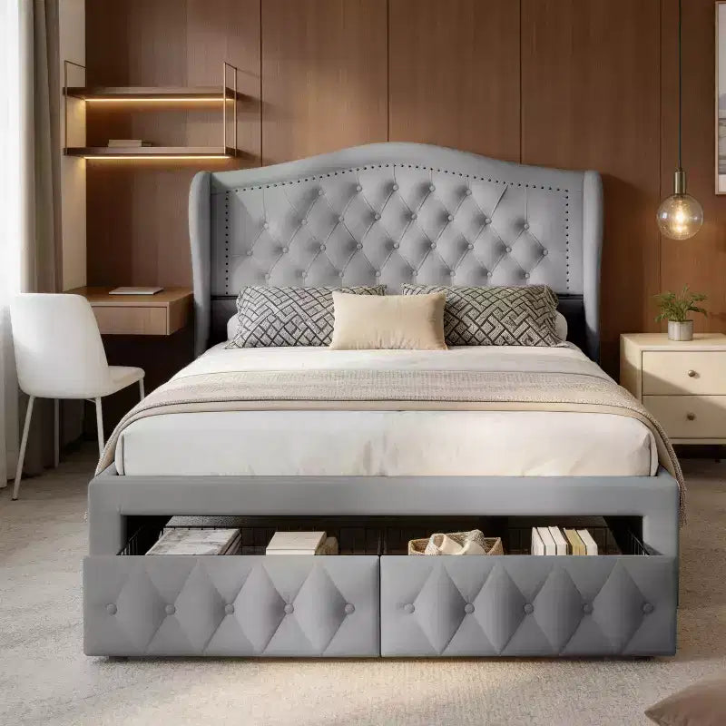 Cadre de lit Queen size Velvet Wingback avec 2 tiroirs de rangement et tête de lit capitonnée en losanges