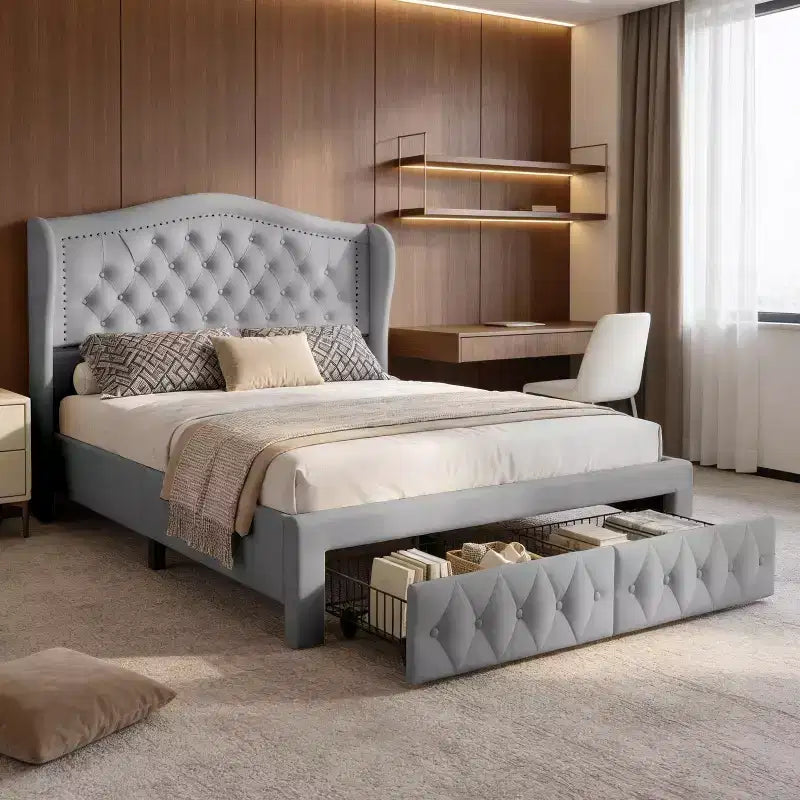 Cadre de lit Queen size Velvet Wingback avec 2 tiroirs de rangement et tête de lit capitonnée en losanges