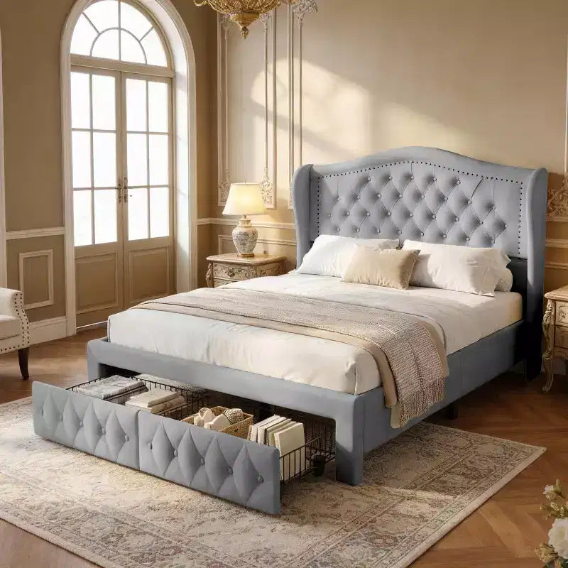 Cadre de lit Queen size Velvet Wingback avec 2 tiroirs de rangement et tête de lit capitonnée en losanges