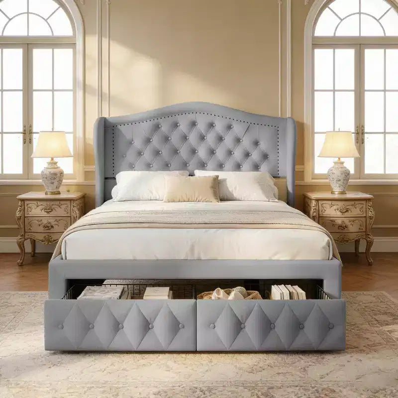 Cadre de lit Queen size Velvet Wingback avec 2 tiroirs de rangement et tête de lit capitonnée en losanges