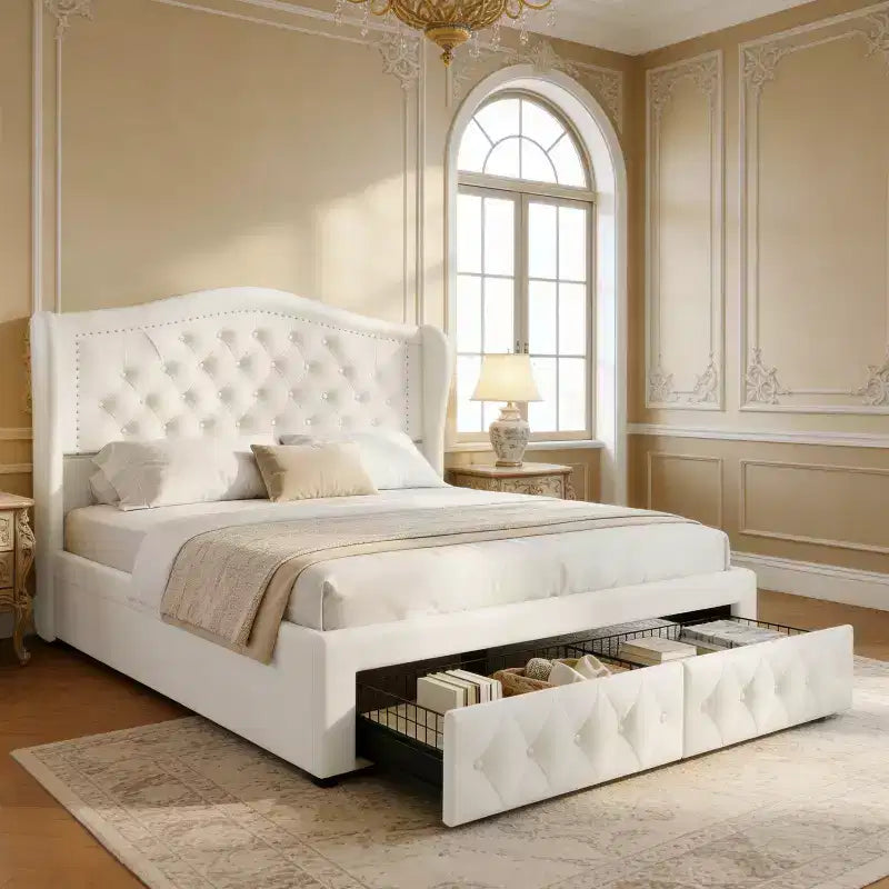 Queen Velvet Wingback Bed Frame with 2 Storage Drawers & Diamond Tufted Headboard