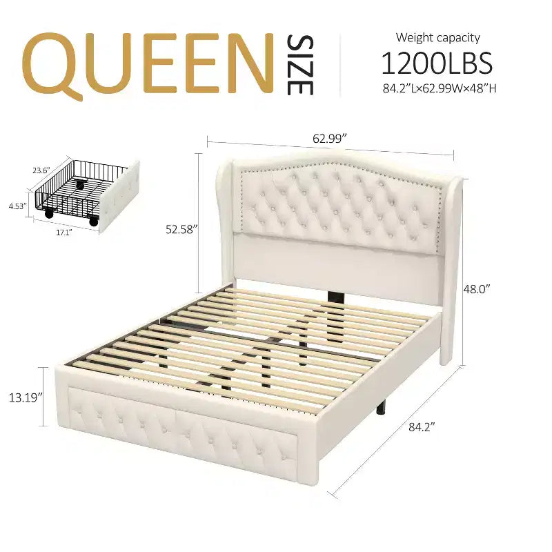 Queen Velvet Wingback Bed Frame with 2 Storage Drawers & Diamond Tufted Headboard
