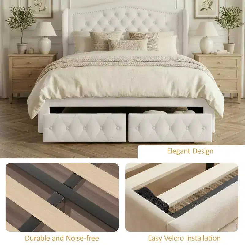 Cadre de lit Queen size Velvet Wingback avec 2 tiroirs de rangement et tête de lit capitonnée en losanges