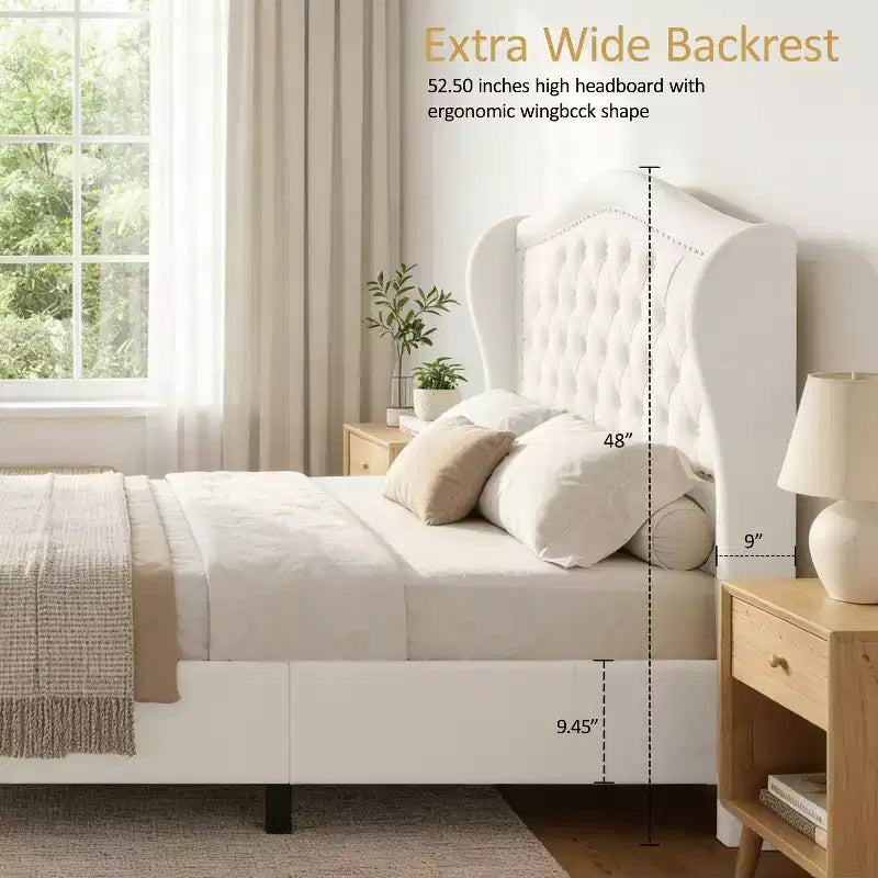 Cadre de lit Queen size Velvet Wingback avec 2 tiroirs de rangement et tête de lit capitonnée en losanges