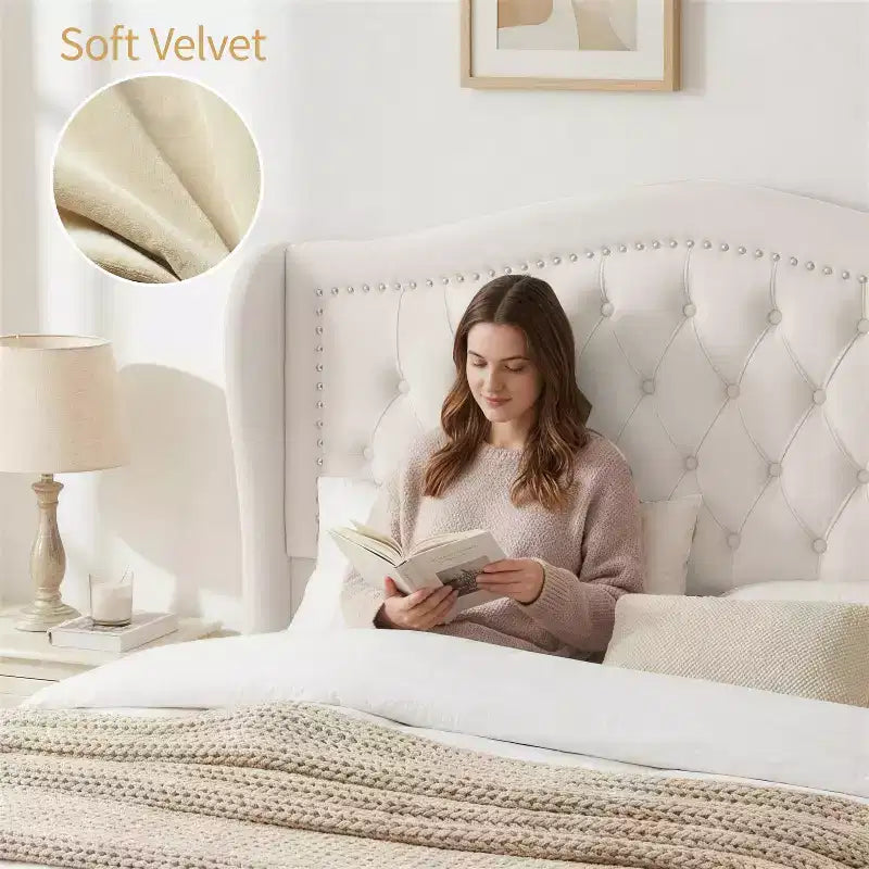 Cadre de lit Queen size Velvet Wingback avec 2 tiroirs de rangement et tête de lit capitonnée en losanges