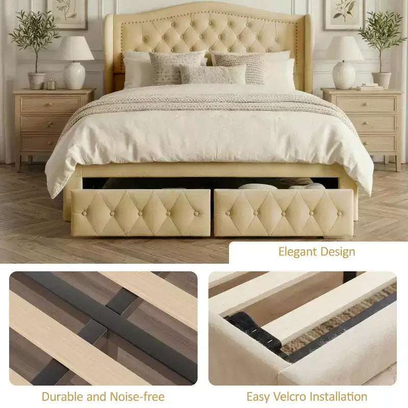 Queen Velvet Wingback Bed Frame with 2 Storage Drawers & Diamond Tufted Headboard