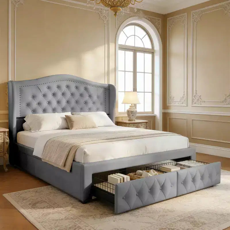 Queen Velvet Wingback Bed Frame with 2 Storage Drawers & Diamond Tufted Headboard